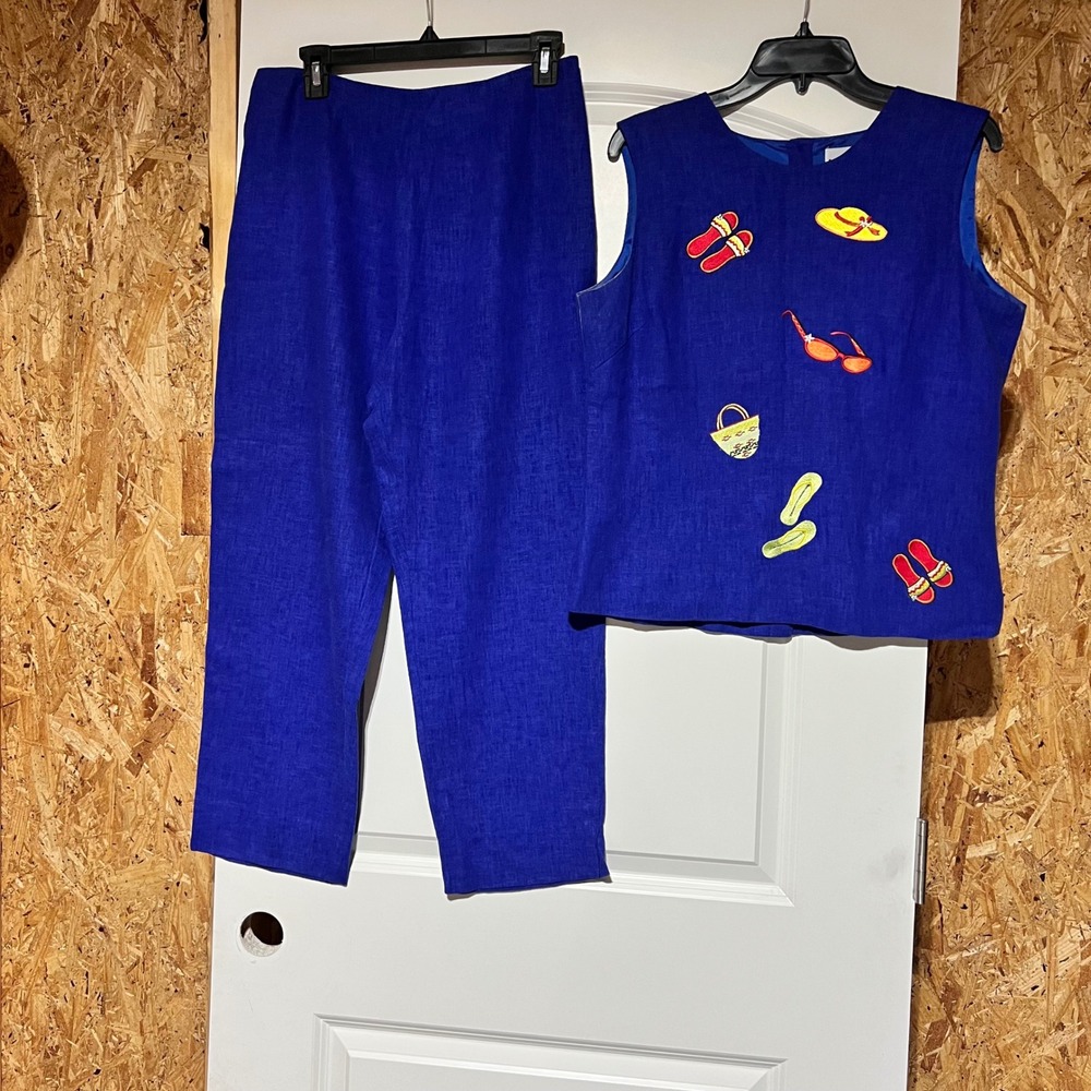 Ultra Dress New York Vintage 90s Blue Linen Beach Embroidered Pant Set Size 12